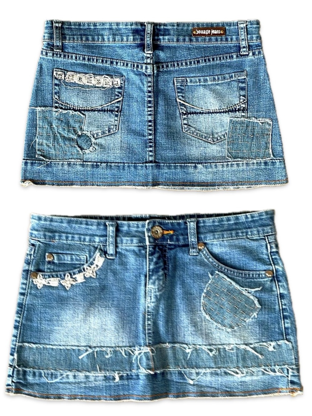 Bonage Jeans Distressed Sequin Denim Mini Skirt Patchwork Low Rise Stretchy 9/10 - Picture 16 of 16